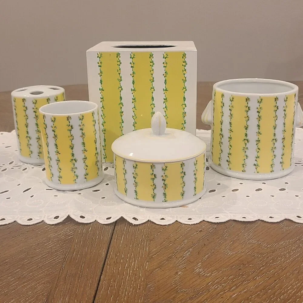 Vtg Seven Seas Bath 6 Pc Set Yellow Tissue Cover Toothpaste Tumbler Swabs Powder